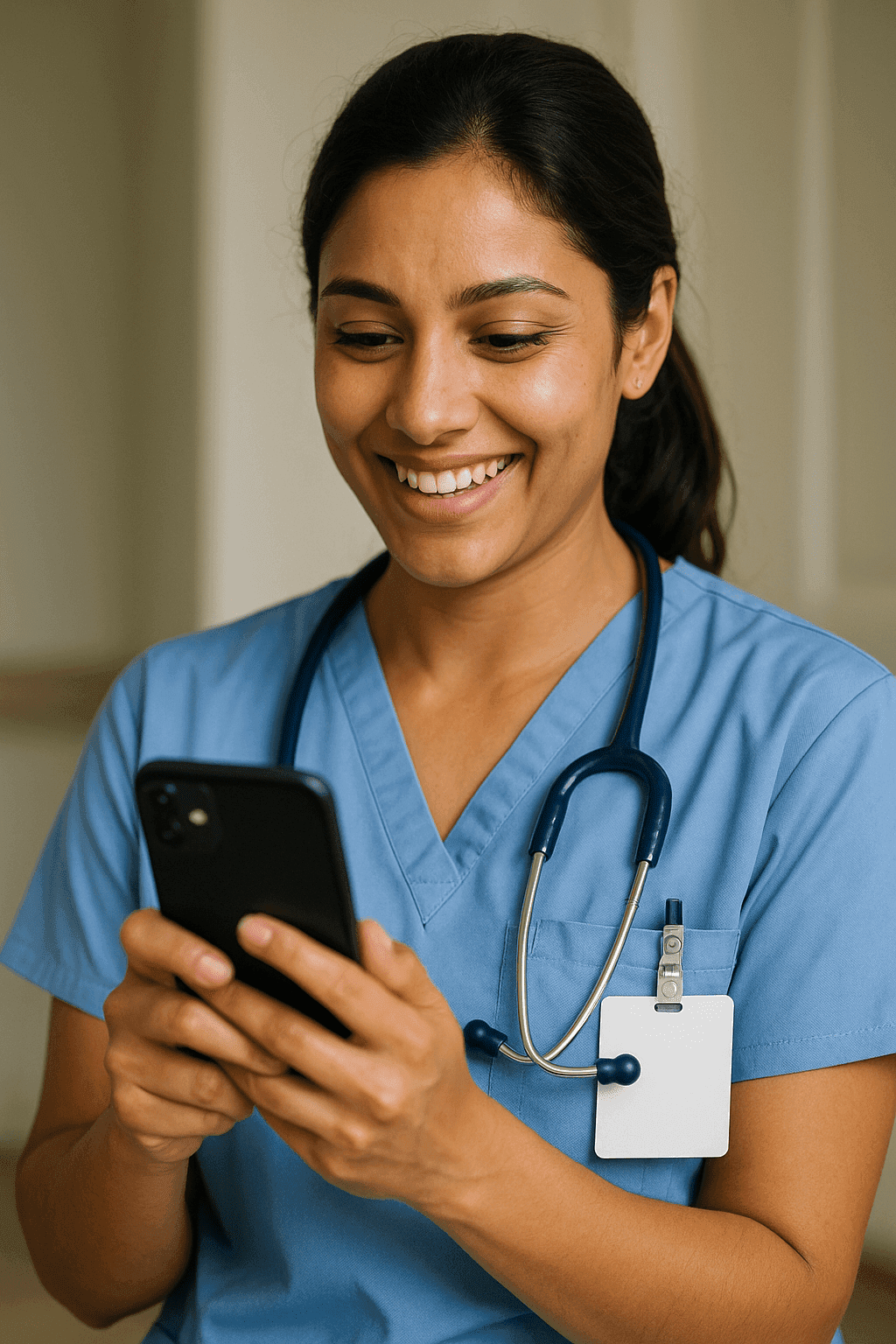 Caregiver happily using the app